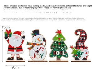 Detailed view of wooden Christmas desk ornaments showing dimensions 15cm height and 9cm base