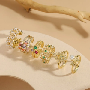 Luxury 14K Gold Plated Copper Rings With Zircon And Artificial Pearl Star Dragonfly Adjustable Open Finger Jewelry For Women