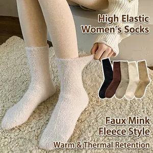 Thick warm mink velvet crew socks for women in beige with high elasticity comfort