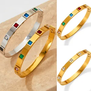 Stainless Steel Bangle Bracelet With Square Colorful Cubic Zirconia Vintage Gold Plated Hinge Clasp Jewelry For Women