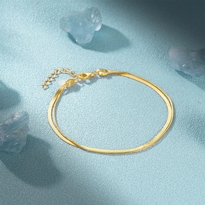 Detailed macro view of S925 sterling silver double-layer gold snake chain bracelet with clasp