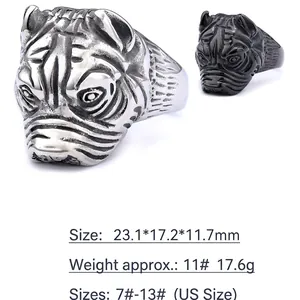 Punk style stainless steel shar pei dog head ring in matte black and silver finishes