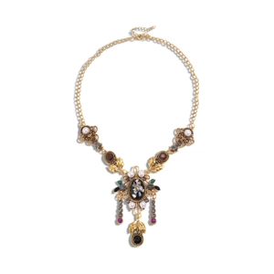 Vintage palace style gold necklace with resin pearls and colorful rhinestones