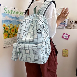 Light blue plaid school backpack with heart and rabbit prints for students