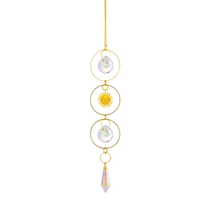 Detailed golden suncatcher featuring brass sun face and rainbow crystal prism pendants