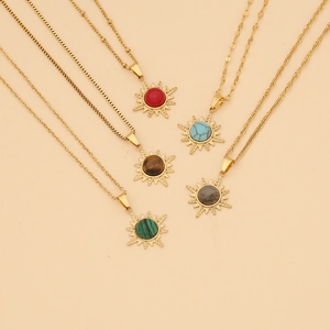 Vintage stainless steel gold necklaces with sunburst natural stone pendants set of five