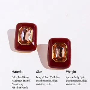 Vintage burgundy enamel rectangular brass earrings with gold plating and zircons