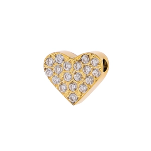 Macro shot of gold plated heart charm with cubic zirconia pave and threading hole