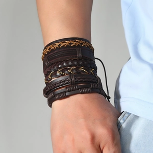 Men's multilayer braided leather bracelet set in dark brown with gold bead accents