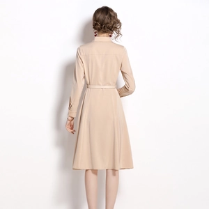 Elegant beige long-sleeved shirt dress with matching belt shown from the back view