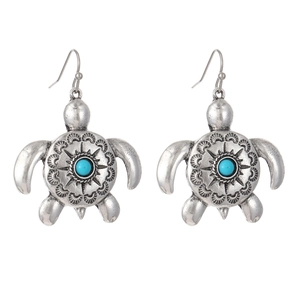 Vintage sea turtle drop earrings with turquoise inlay and silver sunburst pattern