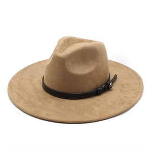 Classic camel faux suede wide brim fedora hat with black leather band and silver buckle