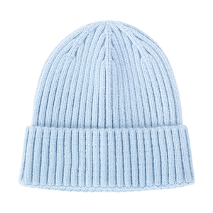 Close-up of rib-knit texture and folded brim on the light sky blue baby winter hat