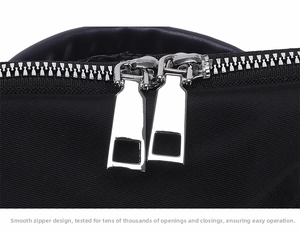 Detailed macro shot of smooth dual silver metal zippers on black nylon backpack fabric