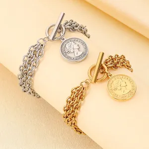 Stainless Steel Multi-Layer Chain Bracelet Queen Portrait Coin Pendant Retro Hip Hop Toggle Clasp Jewelry Women