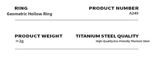 Detail showing titanium steel ring specifications, hollow geometric design and weight info