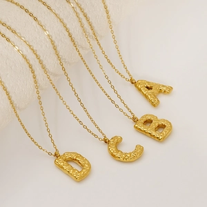 Textured 18k gold plated stainless steel initial necklaces with hammered finish alphabet
