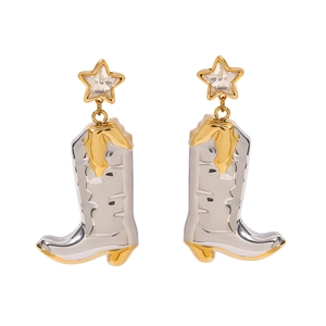 Two-tone cowboy boot drop earrings with star studs and sparkling cubic zirconia stones