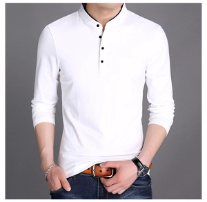 Detail of slim fit white cotton Henley shirt featuring a four-button stand collar and long sleeves