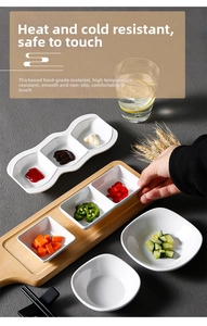 White melamine sauce dishes on wooden tray with a heat-resistant textured finish