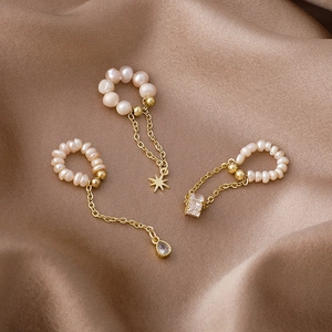 Elegant Freshwater Pearl Ear Cuff Long Tassel Zircon Star Teardrop Dangle Alloy Gold Plated No Piercing Jewelry Women