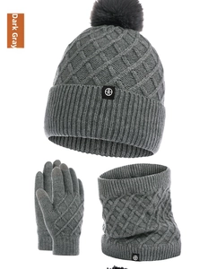 Detailed view of dark gray knit winter set with hat, neck warmer, and gloves