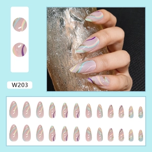 Pink wavy press-on nails with golden glitter, 24-piece almond-shaped fake nail kit