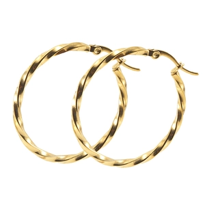 Close-up of twisted 18K gold-plated stainless steel hoop earrings with secure clasp