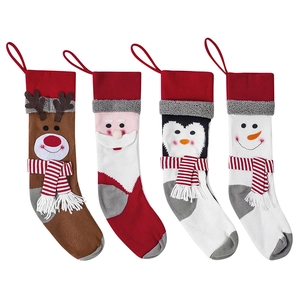 Set of 4 knitted Christmas stockings featuring Santa, reindeer, penguin and snowman motifs