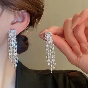 Long Tassel Earrings With Silver Earring Post Copper Zircon Inlaid Geometric Chic Elegant Jewelry For Women Party