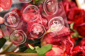 Detail of vintage embossed wax seal stickers with swan and rose motifs on clear PVC