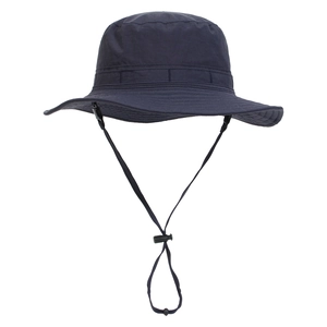 Detail of adjustable windproof drawstring on a breathable navy blue outdoor sun hat