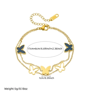 Gold double-layer stainless steel chain bracelet with blue enamel butterfly charm