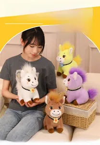 Detail of four colorful plush pony toys with floral collars and cute expressive eyes