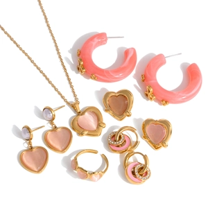 Pink heart jewelry set with 18K gold plated necklace earrings and ring for women