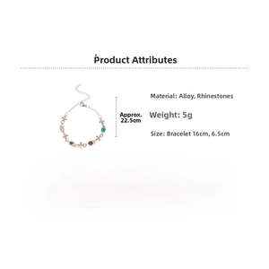 Detailed technical diagram of a rose gold cross bracelet with multicolored crystals