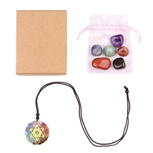 Chakra healing set with gemstone resin pendant, 7 tumbled stones and pink pouch