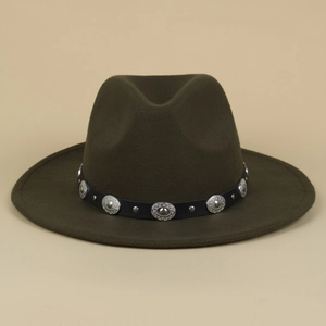 Olive green fedora hat with star embossed metal studs and black band detail