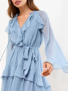 Light blue V-neck chiffon dress with ruffle details and bell sleeves for women