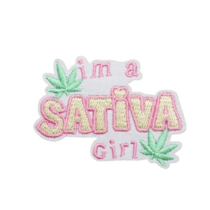 Pink and green Sativa Girl embroidered patch for bags featuring clear needlework texture