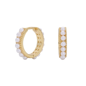 Detail view of gold S925 sterling silver hoop earrings with white pearls and heart cutouts