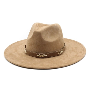 Women Vintage Suede Fedora Hat With Wide Brim Retro Leather Band Cross Stitching Autumn Winter Western Style Jazz Cap