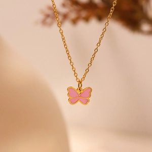 Kids gold chain necklace with pink enamel butterfly pendant stainless steel jewelry
