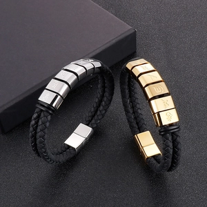 Men's double-layered woven leather bracelet with stainless steel magnetic zodiac clasp