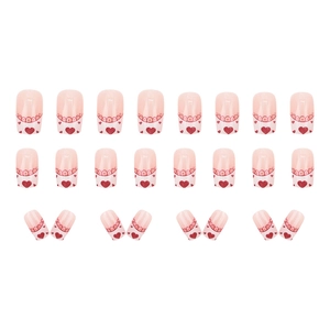 French vintage pink press-on nails set with red hearts and lace patterns, 24 pieces