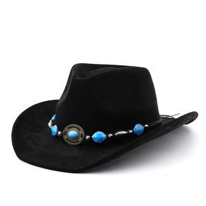 Classic black felt cowboy hat with bohemian turquoise beads and silver metal emblem