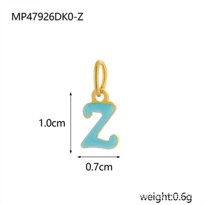 Detailed view of blue enamel gold-plated letter Z pendant with size and weight info