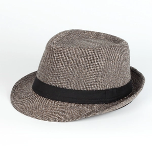 Close-up of brown and white mixed weave fedora hat with a classic black ribbon band