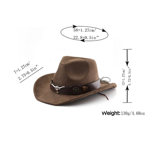 Détails du chapeau de cowboy en daim marron avec tête de taureau et mesures de taille