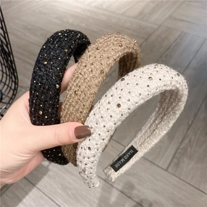 Retro Wide Padded Headband Rhinestone Tweed Fabric Hair Hoop Elegant Headwear Accessory For Women Handmade Vintage